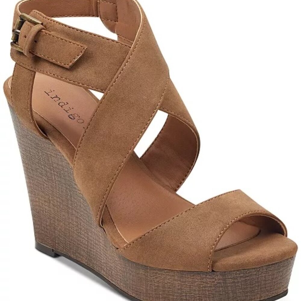 INDIGO RD. tan suede strappy platform sandals, 4" wedge, sz 10